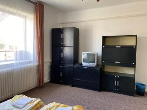ハイドゥソボスローにあるBO-ZSO Apartman Hajdúszoboszlóのベッドルーム1室(テレビ付)、ドレッサーが備わります。