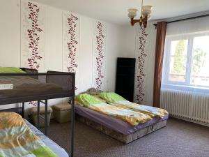 ハイドゥソボスローにあるBO-ZSO Apartman Hajdúszoboszlóのベッドルーム1室(二段ベッド2台、窓付)が備わります。