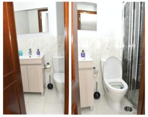 two pictures of a bathroom with a toilet and a sink at Casa do Mirante in Porto +12 photos