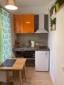 a small kitchen with a table and a refrigerator at Renthouse Guest Apartment ADEELE in Paide