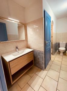 サントマリー・ド・ラメールにあるRésidence La Palmaのバスルーム(シンク、トイレ付)、青いドアが備わります。