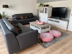 a living room with a black couch and a tv at Ferienwohnung Am Haarhaus in Ostbevern