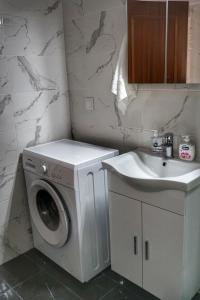 a bathroom with a washing machine and a sink at Liana`s apartment in Paleo Tsifliki