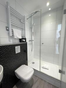 a white toilet sitting next to a shower in a bathroom at Hotel de Saint-Germain in Paris
