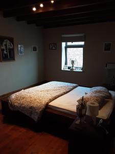 1 dormitorio con 1 cama grande y ventana en ’t Wielerpension, en Steenhuize-Wijnhuize