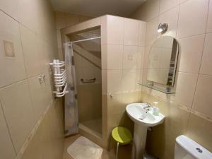 a bathroom with a shower and a sink and a mirror at Villa Holma *** Agroturystyka in Zbychowo +46 photos