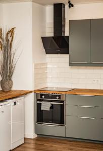 a kitchen with stainless steel appliances and a counter top at MOOD Apartamenti Kuldīgā in Kuldīga