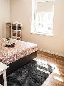 1 dormitorio con cama y ventana en MOOD Apartamenti Kuldīgā, en Kuldīga