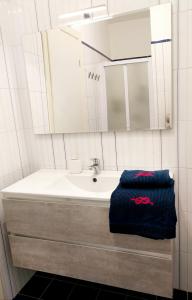 ein Bad mit einem Waschbecken und einem Spiegel in der Unterkunft IL LEUDO in Lavagna