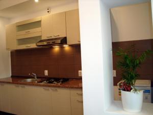 a kitchen with a sink and a stove at Casa cu Flori in Buşteni