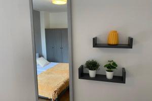 a mirror reflecting a bedroom with a bed and two plants at Gemütliche Wohnung zwischen Grün und Duisburg Hbf in Duisburg
