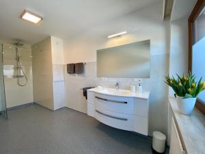 y baño con lavabo blanco y ducha. en Appartement Haus Seerose en Reith im Alpbachtal