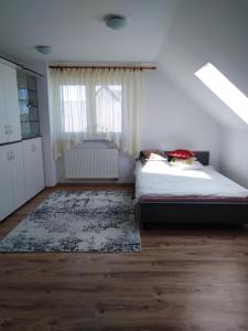 a bedroom with a bed and a rug and a window at Kamienny Gościniec in Kopanica