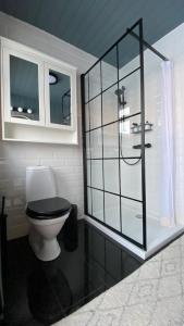 La salle de bains est pourvue de toilettes et d'une douche en verre. dans l'établissement Marbakki Luxury Ocean Retreat, à Budhir