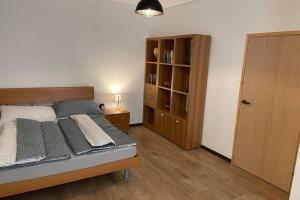 ein Schlafzimmer mit einem Bett und einem Bücherregal in der Unterkunft Newly renovated 2 rooms apartment downtown Nitra in Nitra