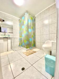La salle de bains est pourvue d'un rideau de douche et de toilettes. dans l'établissement Apartamento Independiente 1 dormitorio cama Queen, à Lima