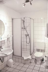 a bathroom with a shower and a toilet and a sink at Hotel Ruhekrug in Schleswig