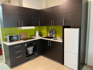 uma cozinha com armários castanhos e um frigorífico branco em Brial apartment 2 bedrooms, em Antuérpia