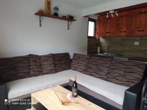 a room with a couch and a table with a bottle of wine at Mileta&Vasilije in Mojkovac