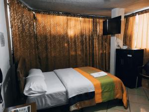 a bedroom with a bed and a window with curtains at Hostal Ajavi del Sur in Sozoranga +7 photos