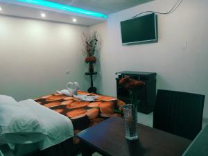 Habitación con cama, mesa y TV. en Hostal Ajavi del Sur, en Sozoranga