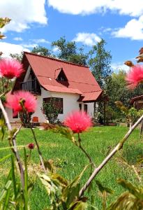 CABAÑAS SANTA TERESA في تيباسوسا: منزل بسقف احمر في حقل به ورد وردي