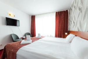 a hotel room with a large bed and a tv at Serena Guesthouse Bran in Bran