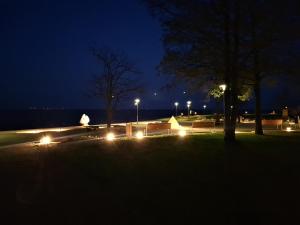 a park with benches and lights at night at GOLDEN QUEEN apartments in Juodkrantė