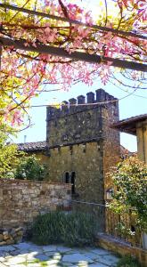 - un vieux bâtiment en pierre avec des fleurs roses dans l'établissement Il Papavero - Montefioralle Apartment, à Greve in Chianti