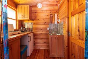 a kitchen with wooden walls and wooden counters at Žaliasis kampas Nameliai Šventojoje in Šventoji