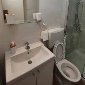 a bathroom with a toilet and a sink and a shower at Kuća za odmor Zip in Murter +24 photos
