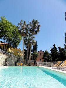 a large swimming pool with palm trees in the background at Residence Dei Fiori in Pietra Ligure