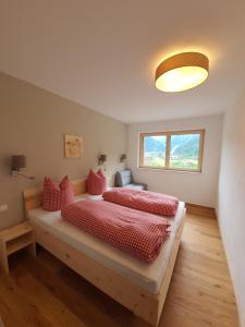 a bedroom with a bed with red pillows and a window at Appartment Sonnenwiese in Finkenberg