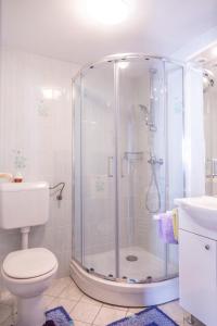 a bathroom with a shower with a toilet and a sink at Oleander in Portorož +17 photos