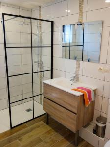 a bathroom with a sink and a glass shower at Maison de la Ferme in Lézardrieux