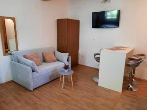 a living room with a couch and a tv on a wall at Guesthouse Jasna in Slano