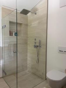 a shower with a glass door in a bathroom at Modern Living Sankt Gilgen in Sankt Gilgen