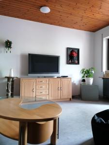 a living room with a tv and a wooden ceiling at Schwarzwald Appartement in Steinen