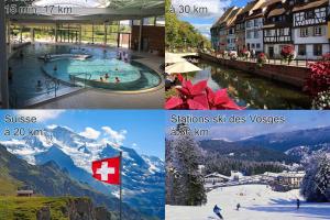 a collage of four pictures of a resort at Studio neuf 001 proche gare TGV, A36 et Hôpital in Botans