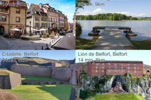 a collage of pictures of a city with a lake and buildings at Studio neuf 001 proche gare TGV, A36 et Hôpital in Botans +4 photos