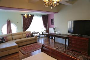Il comprend un salon doté d'un canapé et d'une télévision à écran plat. dans l'établissement Boutique Vila White Duchess, à Mamaia Nord – Năvodari