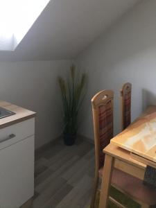 a kitchen with a table and chairs and a plant at Idyllische kleine Ferienwohnung in Obdach