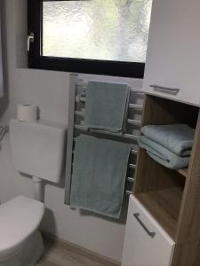 a bathroom with a toilet and a sink and towels at Idyllische kleine Ferienwohnung in Obdach