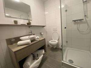 a bathroom with a sink and a toilet and a shower at Liebig Hotel in Ehringshausen +29 photos