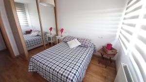 サリナスにあるAPS La Deva de Salinasの小さな部屋で、ベッド2台、鏡が備わります。