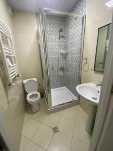 ein Bad mit einer Dusche, einem WC und einem Waschbecken in der Unterkunft Panorama Black Sea in Batumi