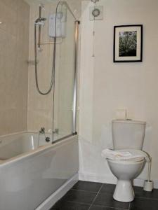 een badkamer met een toilet, een bad en een douche bij The Swan Hotel in Almondsbury