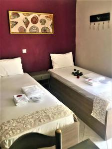 two beds in a room with purple walls at Grecian Sea in Limenaria