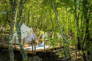 a tent on a wooden deck in the woods at Robinson Accommodation Freedom in Foli