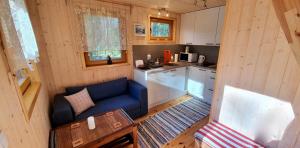 a living room with a blue couch in a tiny house at Veela metsamaja in Noarootsi